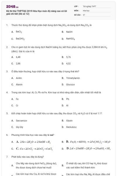 Đề thi thử THPTQG 2019 Hóa Học mức độ nâng cao có lời giải chi tiết (Đề số 12)