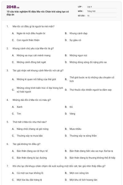 10 câu trắc nghiệm Kì diệu Ma-rốc Chân trời sáng tạo có đáp án