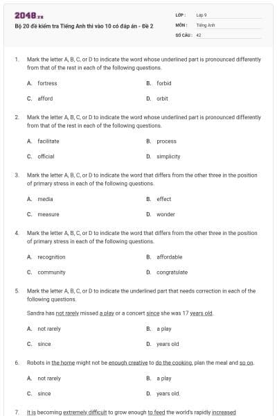 Bộ 20 đề kiểm tra Tiếng Anh thi vào 10 có đáp án - Đề 2