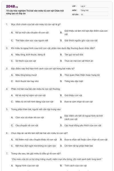 10 câu trắc nghiệm Trả bài văn miêu tả con vật Chân trời sáng tạo có đáp án
