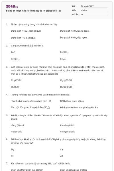 Bộ đề ôn luyện Hóa Học cực hay có lời giải (Đề số 12)