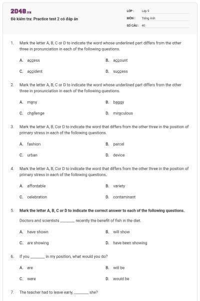 Đề kiểm tra: Practice test 2 có đáp án