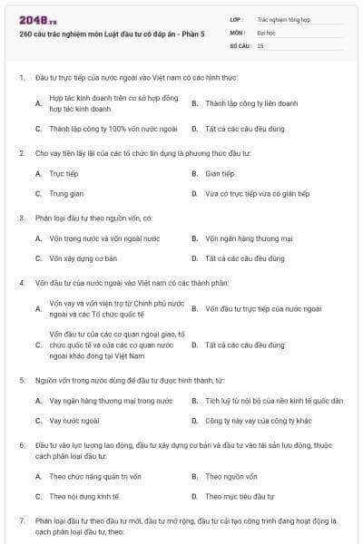 260 câu trắc nghiệm môn Luật đầu tư có đáp án - Phần 5