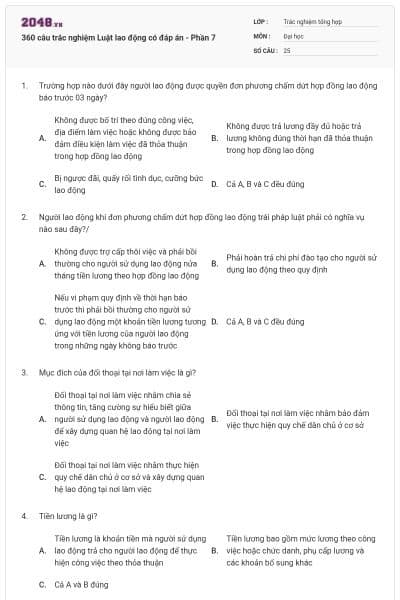 360 câu trắc nghiệm Luật lao động có đáp án - Phần 7