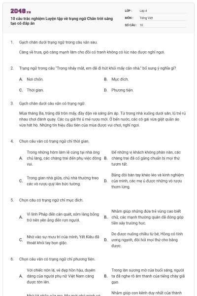 10 câu trắc nghiệm Luyện tập về trạng ngữ Chân trời sáng tạo có đáp án