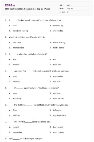 5000 câu trắc nghiệm Tiếng Anh 9 có đáp án - Phần 3