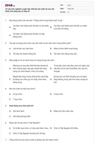 10 câu trắc nghiệm Luyện tập viết bài văn miêu tả con vật Chân trời sáng tạo có đáp án