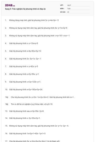 Dạng 5: Trắc nghiệm hệ phương trình có đáp án