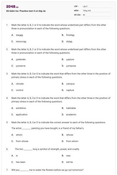 Đề kiểm tra: Practice test 4 có đáp án