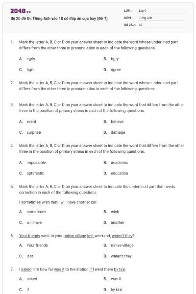 Bộ 20 đề thi Tiếng Anh vào 10 có đáp án cực hay (Đề 1)