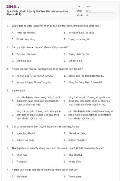 Bộ 4 đề thi giữa kì 2 Địa Lý 10 Cánh điều cấu trúc mới có đáp án (đề 1)