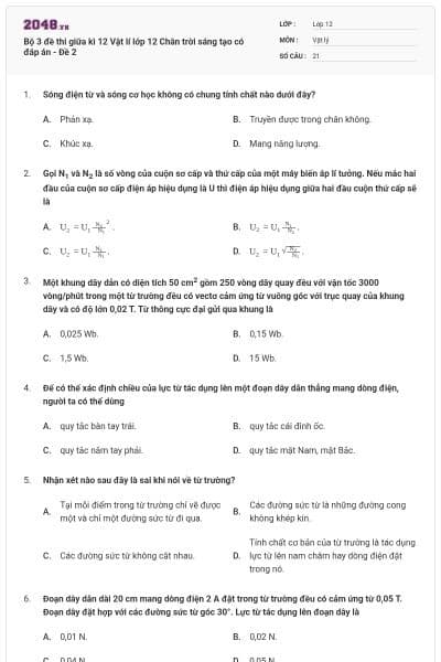 Bộ 3 đề thi giữa kì 12 Vật lí lớp 12 Chân trời sáng tạo có đáp án - Đề 2