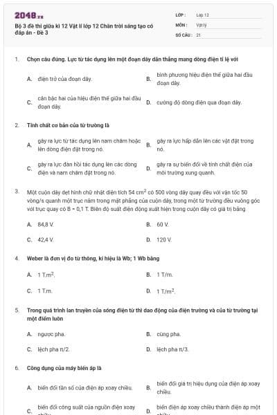 Bộ 3 đề thi giữa kì 12 Vật lí lớp 12 Chân trời sáng tạo có đáp án - Đề 3