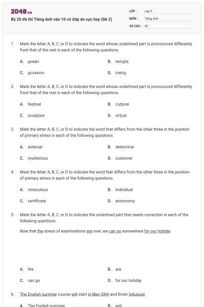 Bộ 20 đề thi Tiếng Anh vào 10 có đáp án cực hay (Đề 2)
