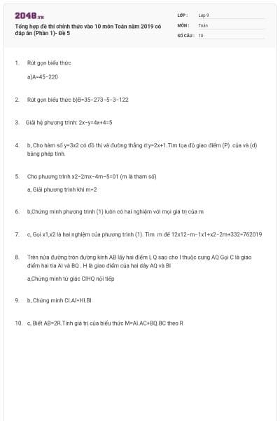 Tổng hợp đề thi chính thức vào 10 môn Toán năm 2019 có đáp án (Phần 1)- Đề 5