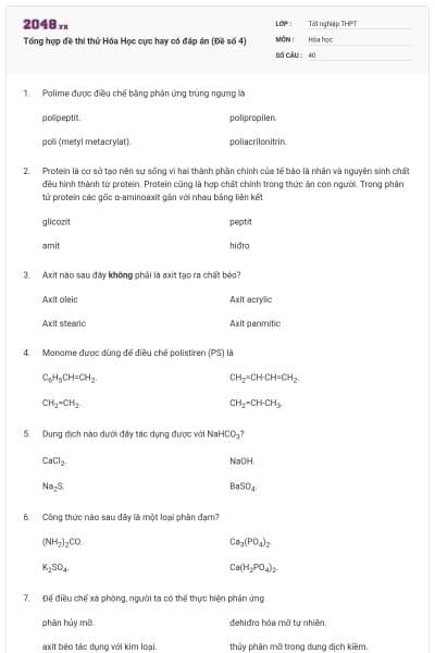 Tổng hợp đề thi thử Hóa Học cực hay có đáp án (Đề số 4)