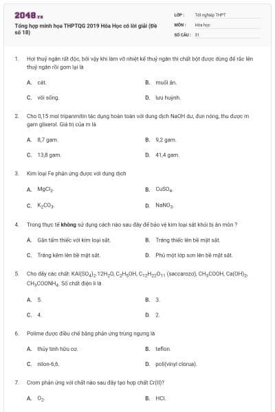 Tổng hợp minh họa THPTQG 2019 Hóa Học có lời giải (Đề số 18)