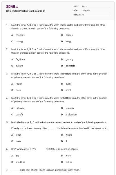 Đề kiểm tra: Practice test 5 có đáp án