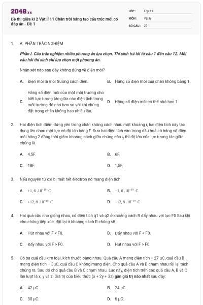 Đề thi giữa kì 2 Vật lí 11 Chân trời sáng tạo cấu trúc mới có đáp án - Đề 1