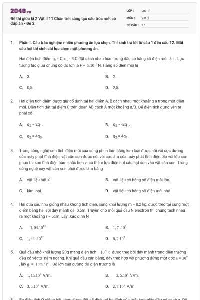 Đề thi giữa kì 2 Vật lí 11 Chân trời sáng tạo cấu trúc mới có đáp án - Đề 2