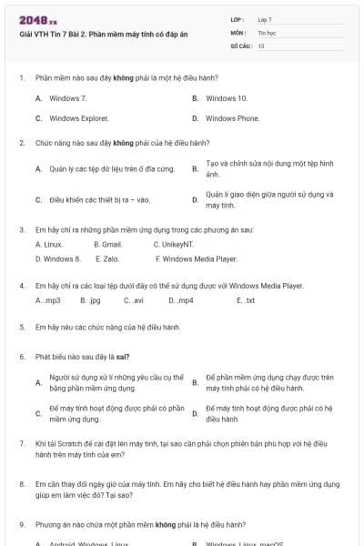 Giải VTH Tin 7 Bài 2. Phần mềm máy tính có đáp án