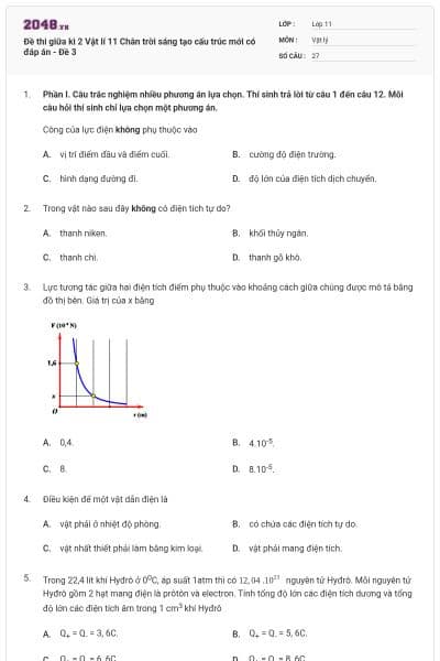 Đề thi giữa kì 2 Vật lí 11 Chân trời sáng tạo cấu trúc mới có đáp án - Đề 3