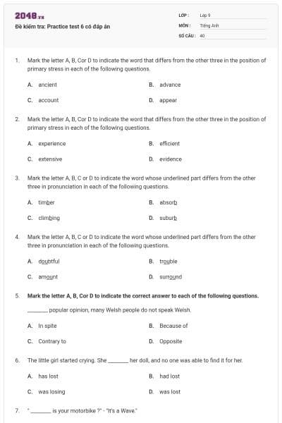 Đề kiểm tra: Practice test 6 có đáp án