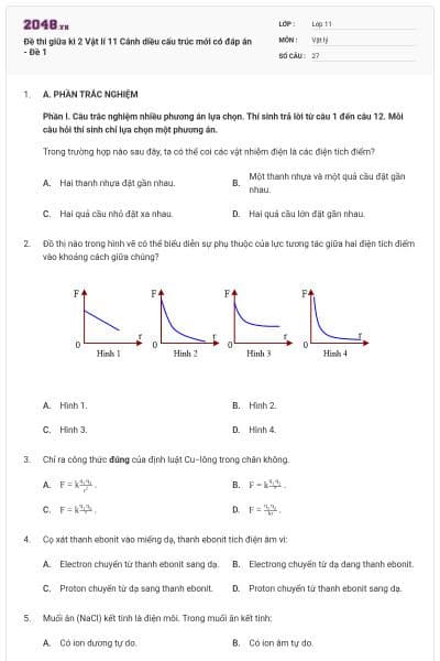 Đề thi giữa kì 2 Vật lí 11 Cánh diều cấu trúc mới có đáp án - Đề 1