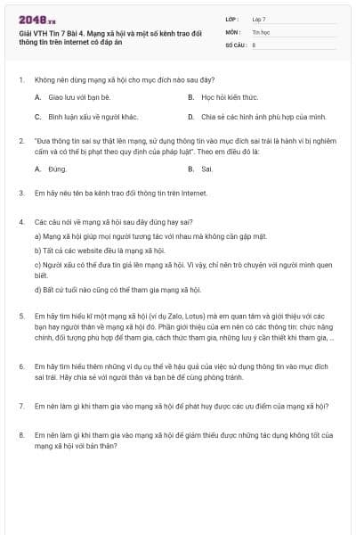 Giải VTH Tin 7 Bài 4. Mạng xã hội và một số kênh trao đổi thông tin trên internet có đáp án