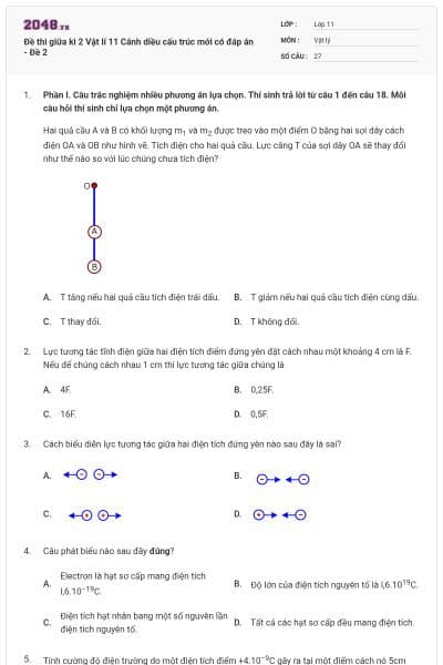 Đề thi giữa kì 2 Vật lí 11 Cánh diều cấu trúc mới có đáp án - Đề 2