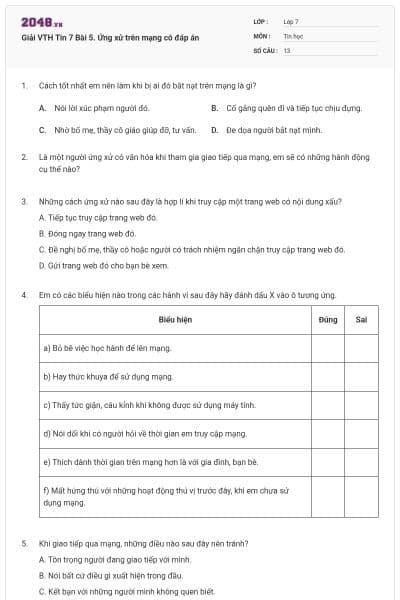 Giải VTH Tin 7 Bài 5. Ứng xử trên mạng có đáp án