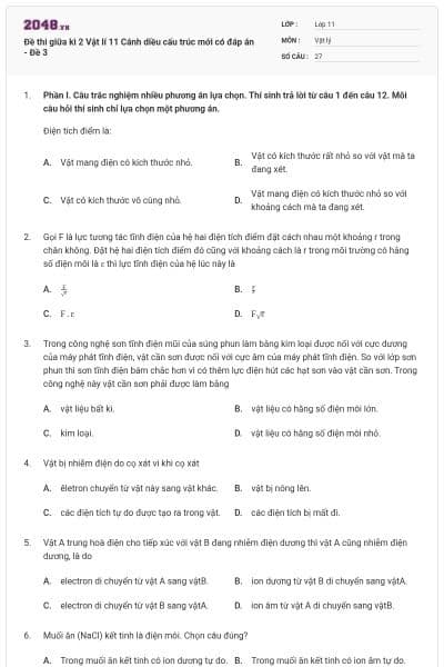 Đề thi giữa kì 2 Vật lí 11 Cánh diều cấu trúc mới có đáp án - Đề 3