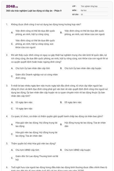 360 câu trắc nghiệm Luật lao động có đáp án - Phần 9