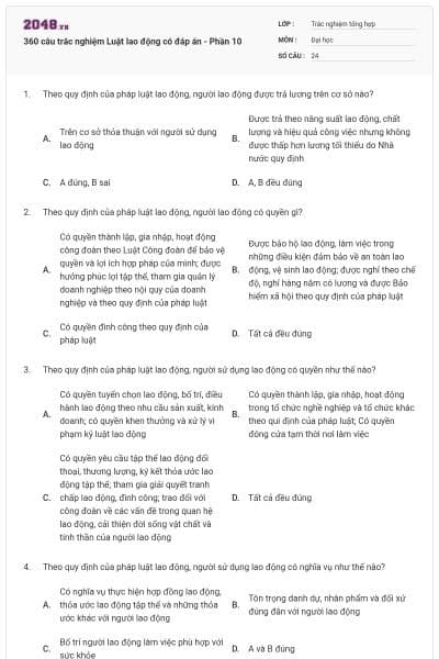360 câu trắc nghiệm Luật lao động có đáp án - Phần 10