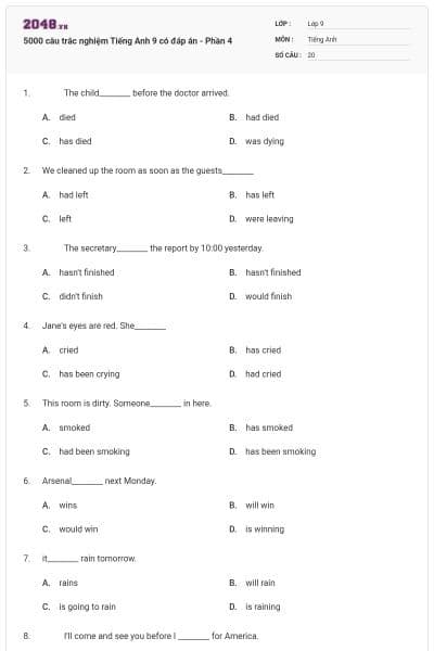 5000 câu trắc nghiệm Tiếng Anh 9 có đáp án - Phần 4