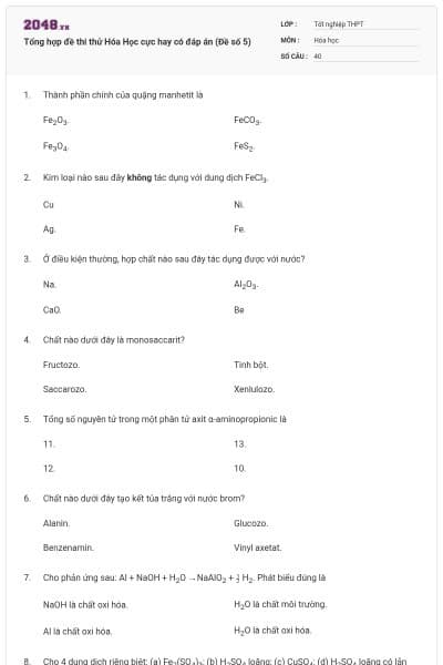 Tổng hợp đề thi thử Hóa Học cực hay có đáp án (Đề số 5)