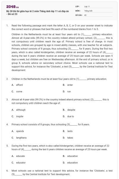 Bộ 30 Đề thi giữa học kì 2 môn Tiếng Anh lớp 11 có đáp án - Đề số 23