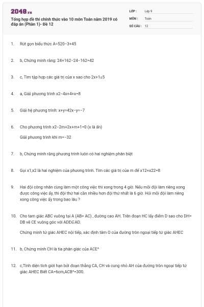 Tổng hợp đề thi chính thức vào 10 môn Toán năm 2019 có đáp án (Phần 1)- Đề 12