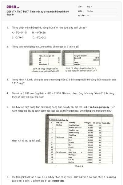 Giải VTH Tin 7 Bài 7.  Tính toán tự động trên bảng tính có đáp án
