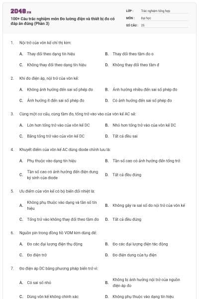 100+ Câu trắc nghiệm môn Đo lường điện và thiết bị đo có đáp án đúng (Phần 3)