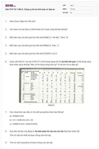 Giải VTH Tin 7 Bài 8.  Công cụ hỗ trợ tính toán có đáp án
