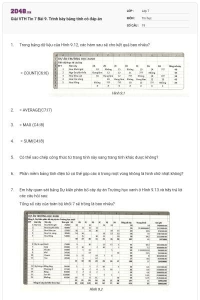 Giải VTH Tin 7 Bài 9. Trình bày bảng tính có đáp án