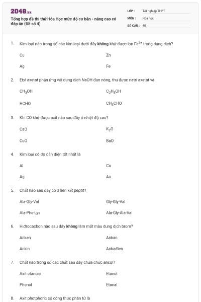 Tổng hợp đề thi thử Hóa Học mức độ cơ bản - nâng cao có đáp án (Đề số 4)