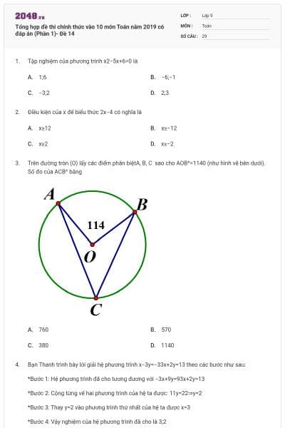 Tổng hợp đề thi chính thức vào 10 môn Toán năm 2019 có đáp án (Phần 1)- Đề 14