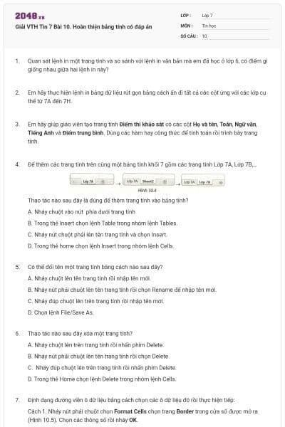 Giải VTH Tin 7 Bài 10. Hoàn thiện bảng tính có đáp án