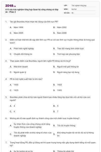 615 câu trắc nghiệm tổng hợp Quan hệ công chúng có đáp án - Phần 3