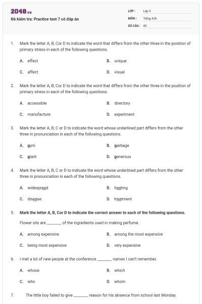 Đề kiểm tra: Practice test 7 có đáp án