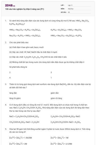 100 câu trắc nghiệm Sự điện li nâng cao (P1)