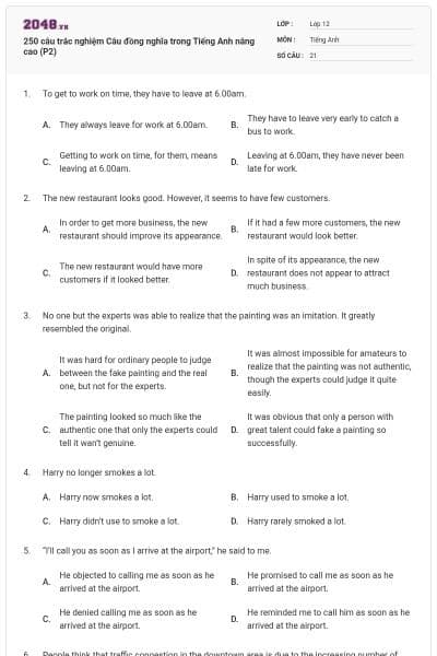 250 câu trắc nghiệm Câu đồng nghĩa trong Tiếng Anh nâng cao (P2)