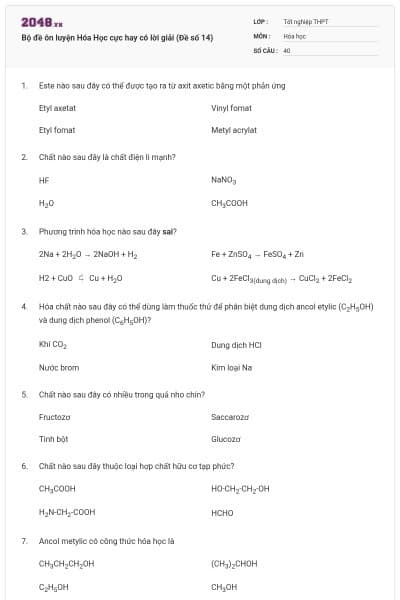 Bộ đề ôn luyện Hóa Học cực hay có lời giải (Đề số 14)
